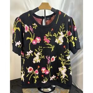 Tahari Black Pink Green Floral Short Sleeve Sweater Cottage Granny Boho 1X